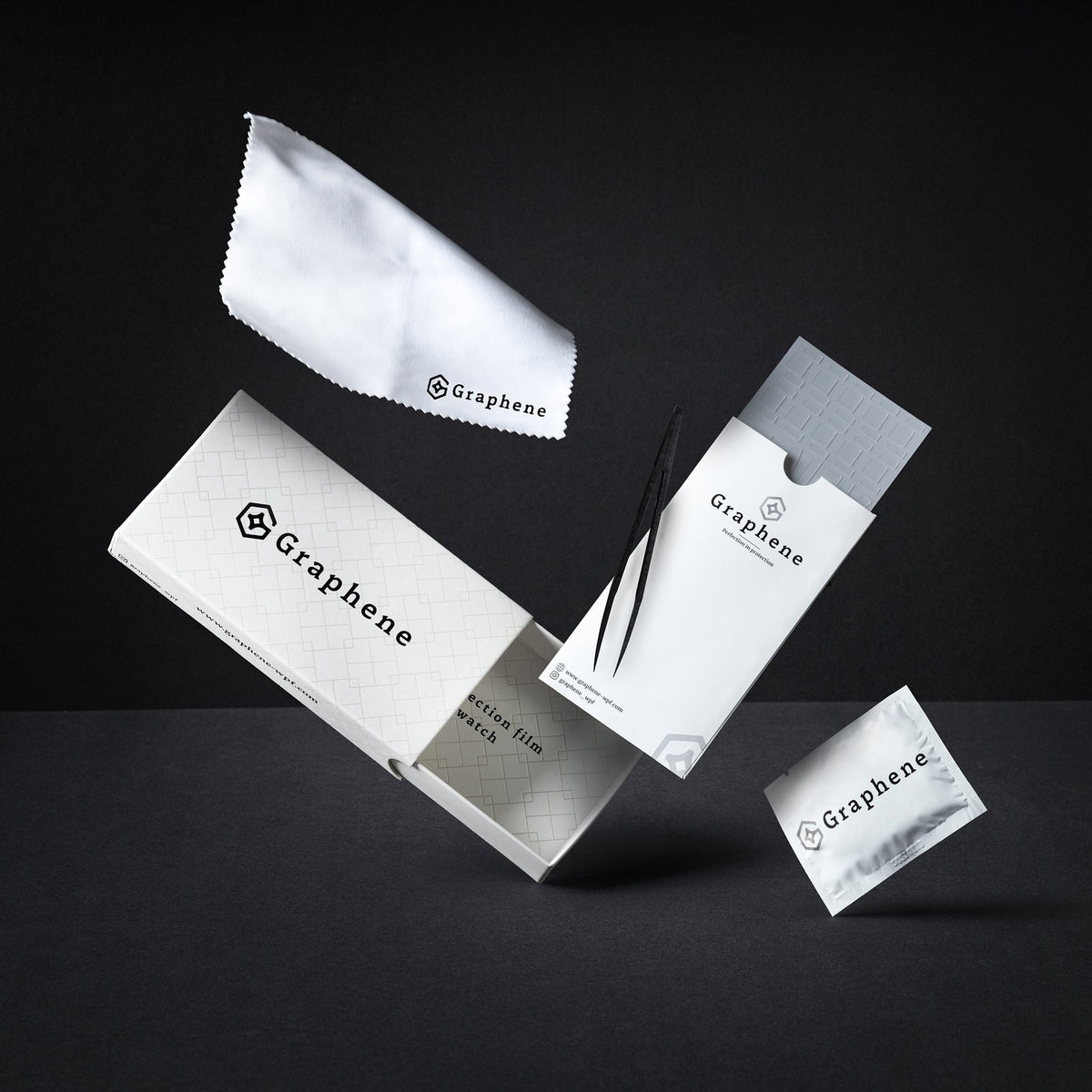 Graphene protection kit: box, film sheets, tweezers and cloth