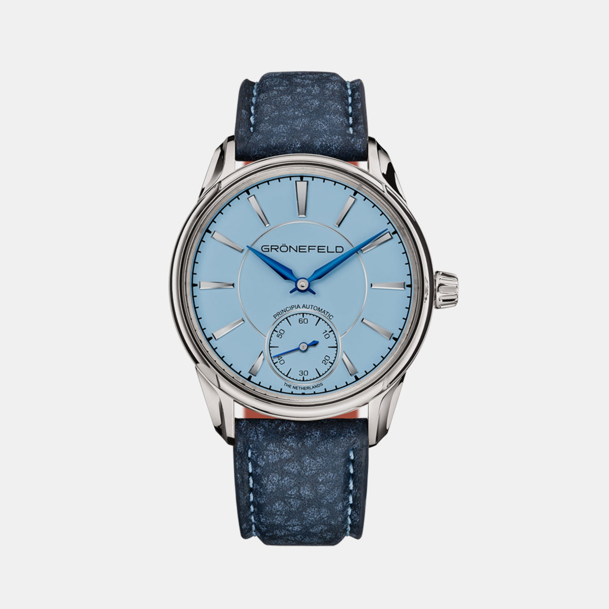 Grönefeld 1941 Principia Automatic with light blue dial and blue strap, front view