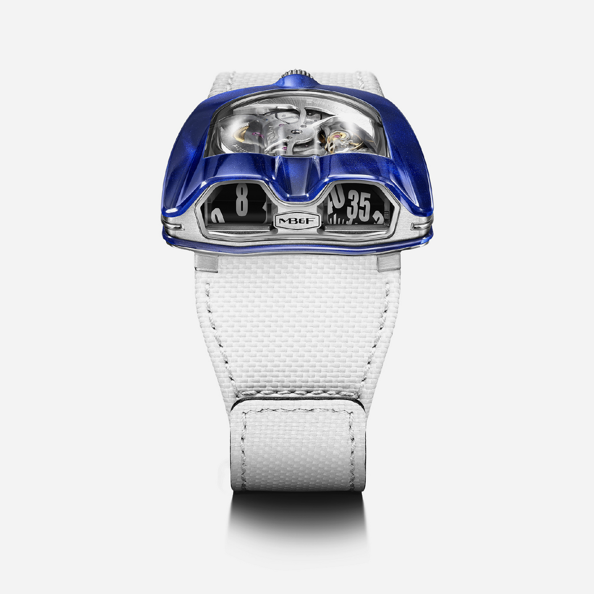 MB&F Horological Machine N°8 Mark 2 Blue CarbonMacrolon with blue case and white strap, front view