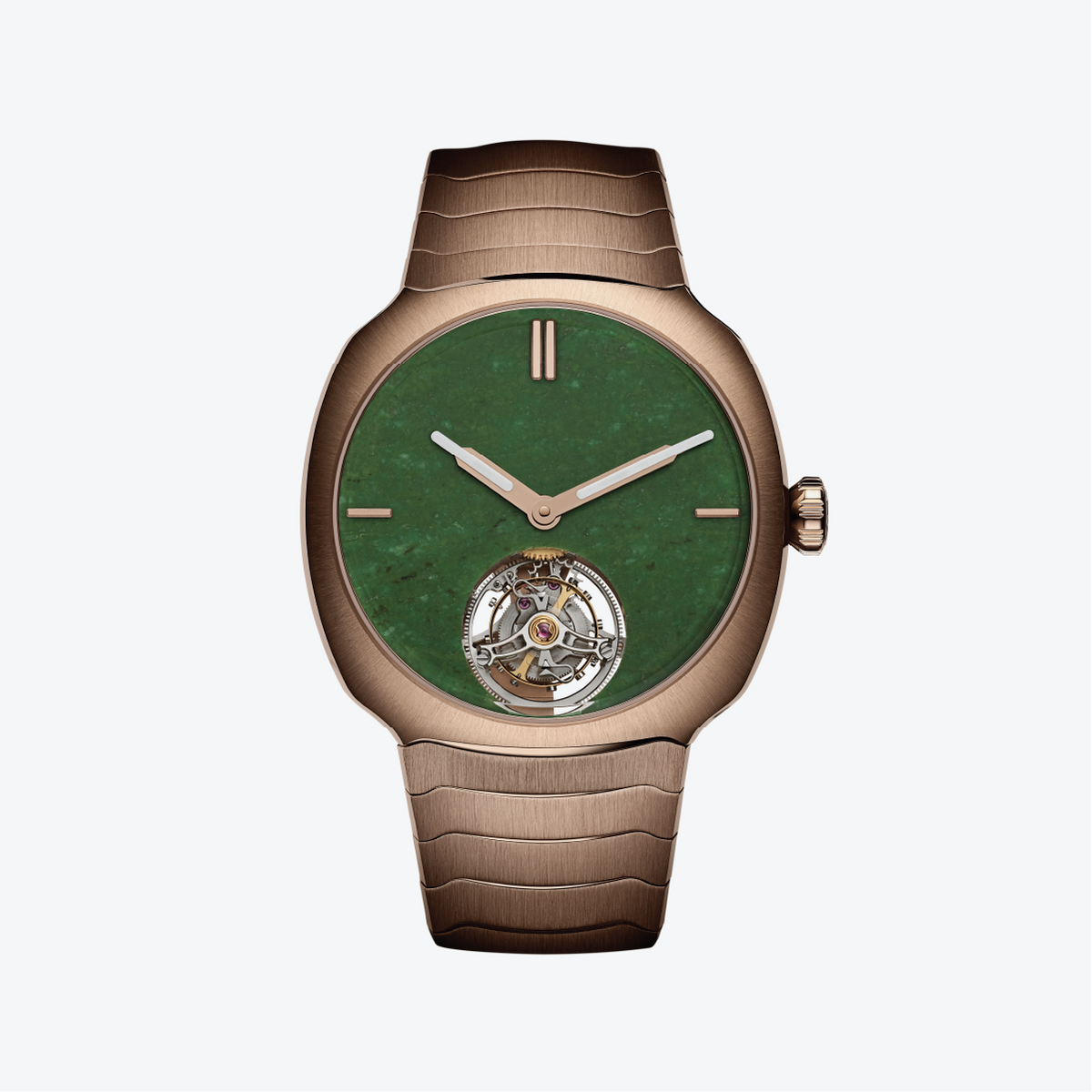 H. Moser & Cie. Streamliner Tourbillon with green dial and integrated bracelet, front view