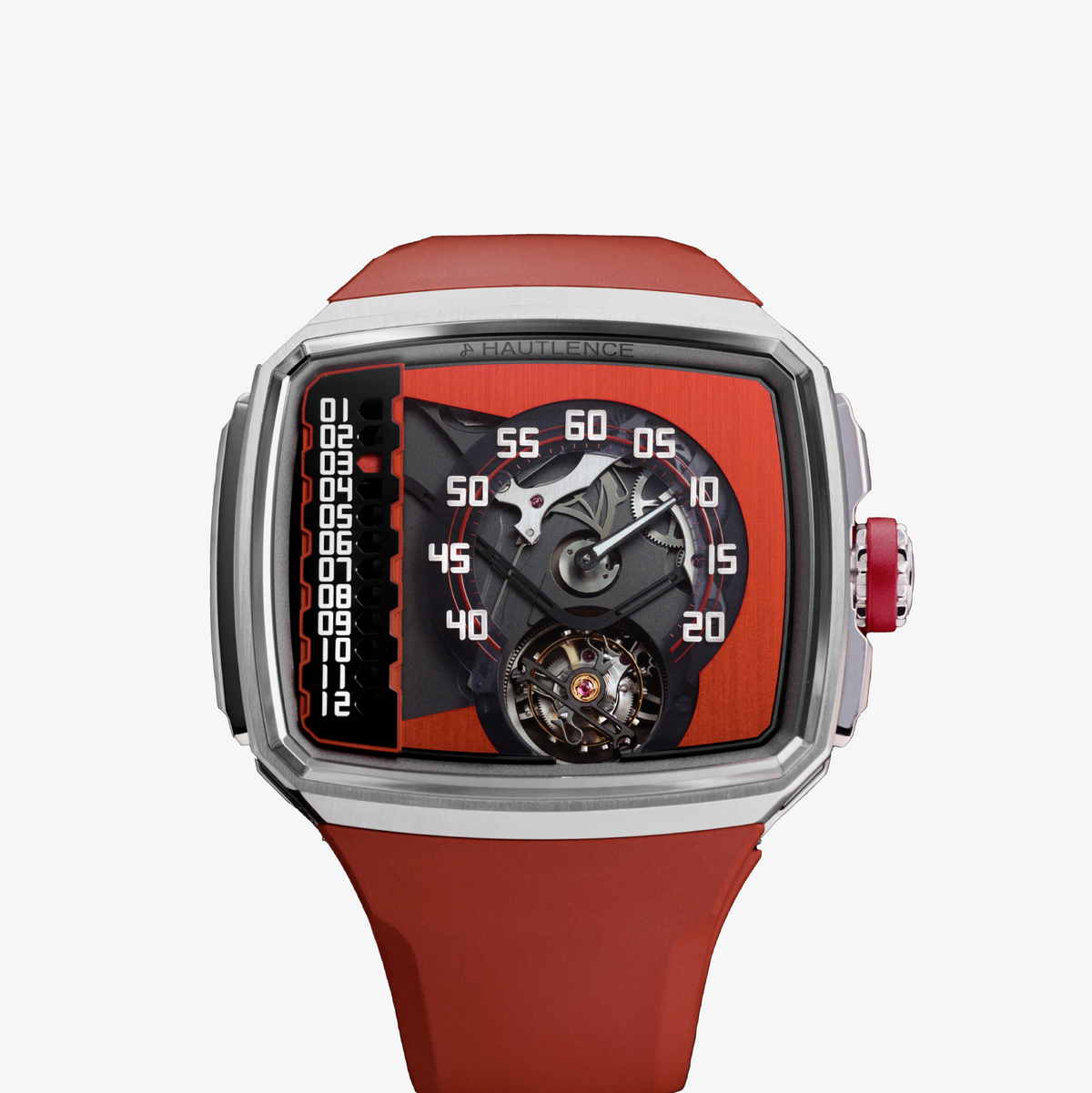 Hautlence Linear Series 3 Red Passion with red dial, linear jumping hours and flying tourbillon, red strap, front view