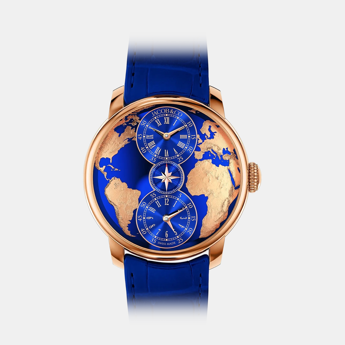Jacob & Co. The World Is Yours Dual Time Zone in rose gold with blue world-map dial and blue strap, front view