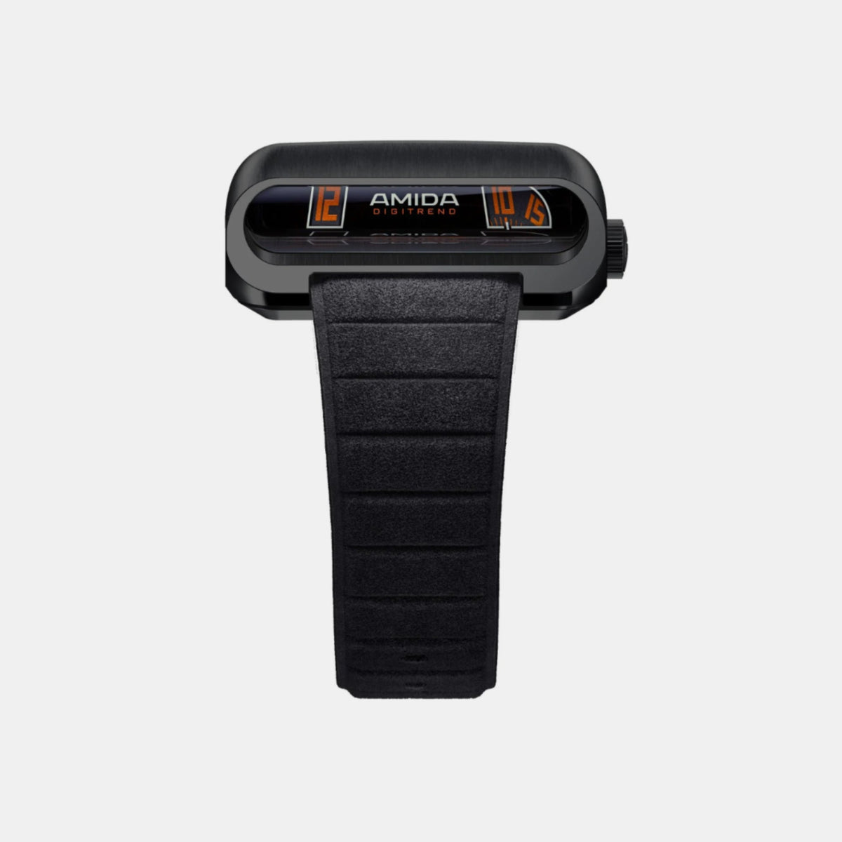 AMIDA Digitrend Black Edition with prism display of jumping hours and minutes, on black strap, front view