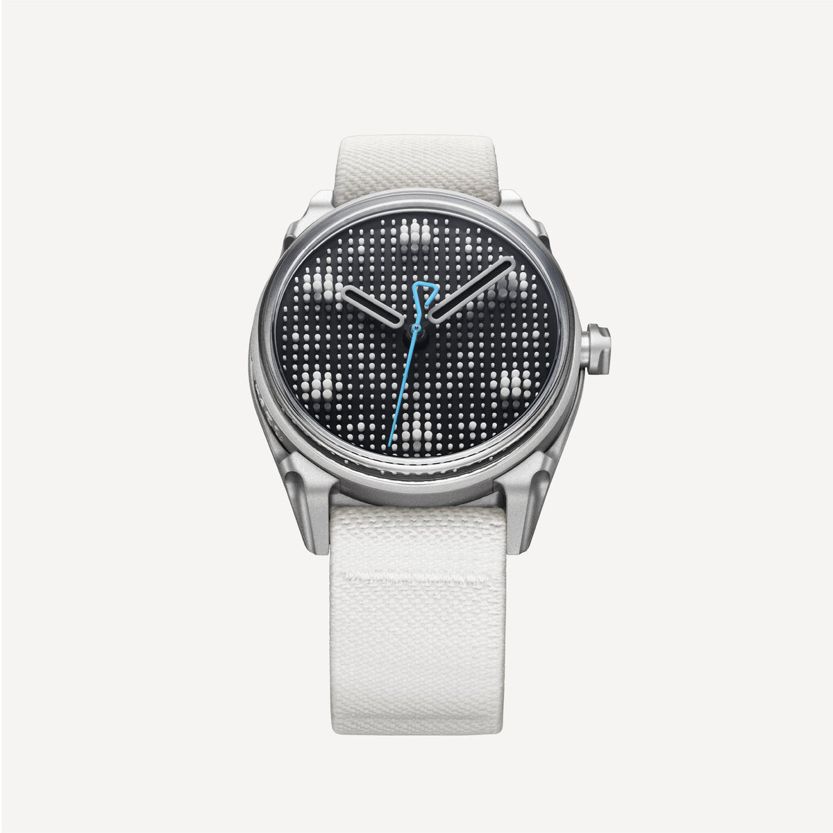 kollokium Projekt 01 Variant H with pin dial, blue seconds hand and white strap, front view