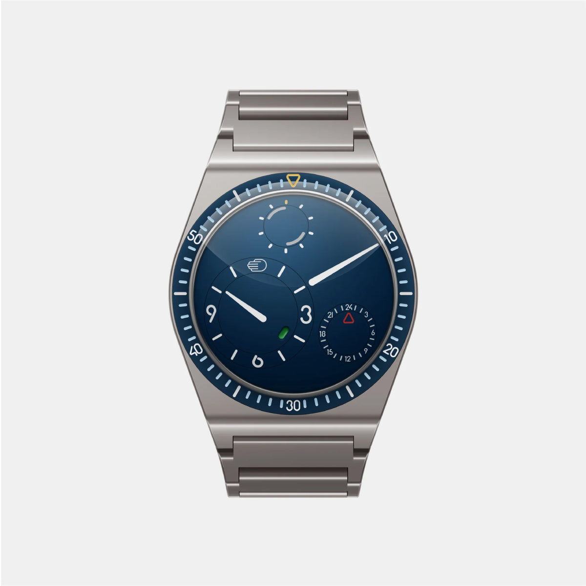 Ressence TYPE 7 Nightblue with blue rotating-disc dial and titanium bracelet, front view