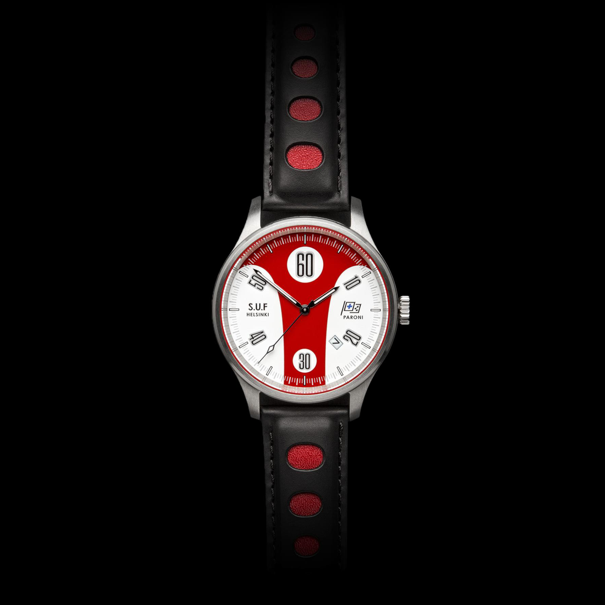 S.U.F Helsinki Paroni with red and white racing dial and black leather strap with red markings, front view