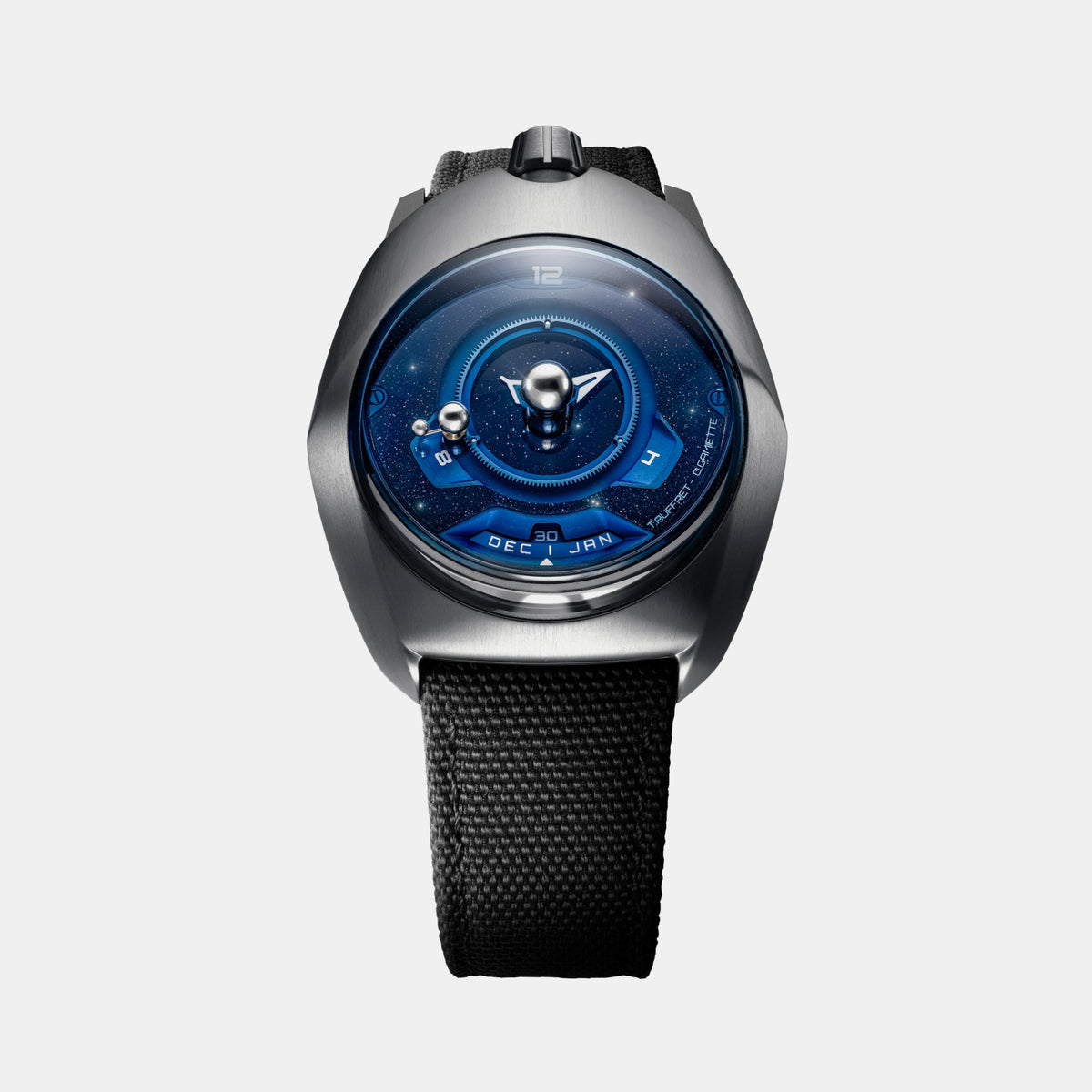 SpaceOne Tellurium with blue aventurine dial, Earth and Moon spheres and black fabric strap, front view