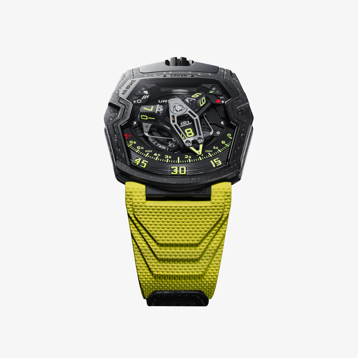 URWERK UR-230 Black Star with black satellite display and yellow rubber strap, front view