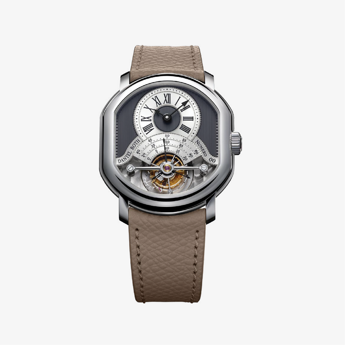DANIEL ROTH Tourbillon Platinum with silver dial, visible tourbillon and beige strap, front view
