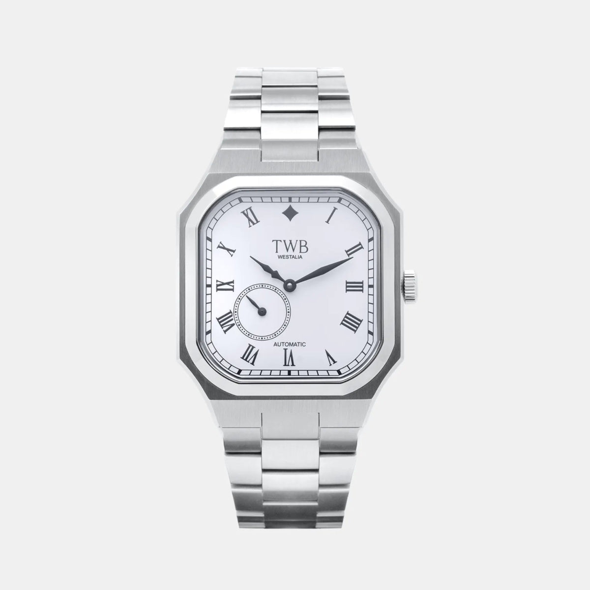 TWB Westalia White Enamel with white enamel dial, Roman numerals and steel bracelet, front view