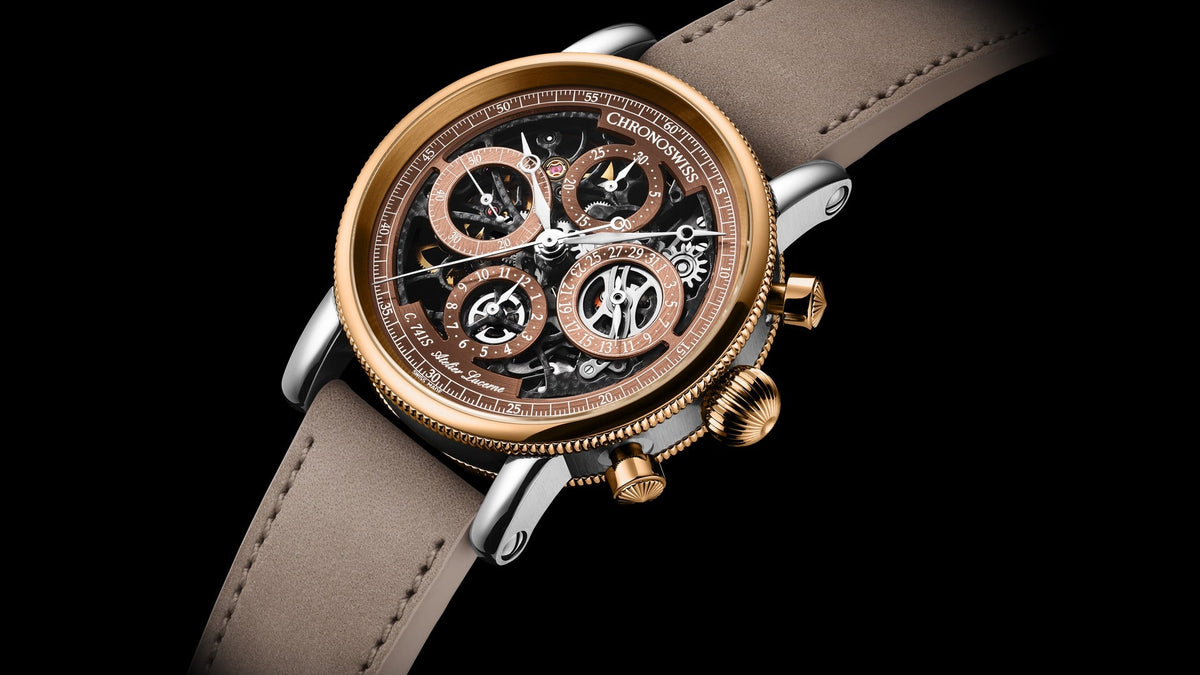 Close view of the Chronoswiss Opus Dakar Sundown's skeletonised brown dial, chronograph counters and red gold bezel