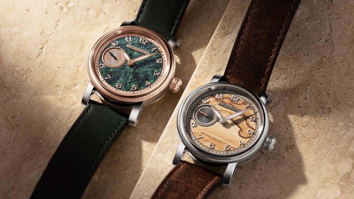 Chronoswiss Small Second Serpentine and Small Second Jasper together on sunlit stone