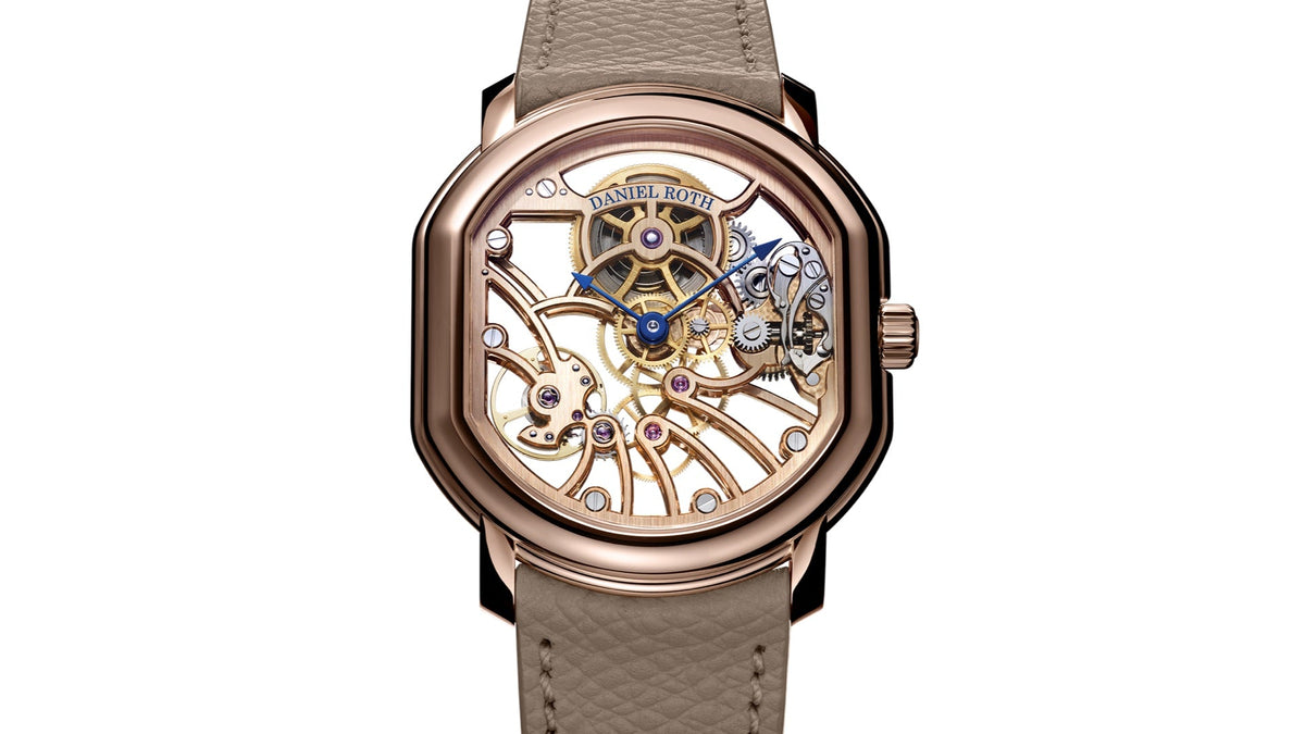 DANIEL ROTH Extra Plat Rose Gold Skeleton with openworked rose gold movement, double-ellipse case and taupe strap, front view