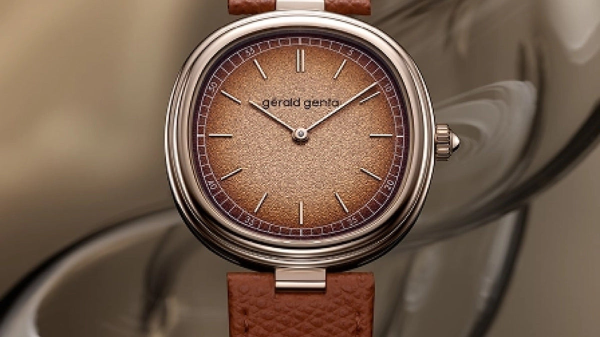Gérald Genta Geneva Time Only Marrone, front view among swirled glass, chestnut-toned grained dial and brown calfskin strap