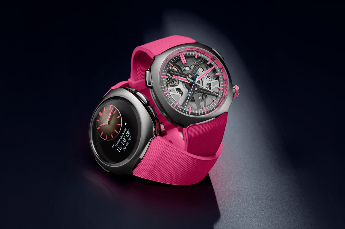 H. Moser & Cie. Streamliner Alpine Drivers and Mechanics Pink Editions, skeletonised and digital watches on pink straps