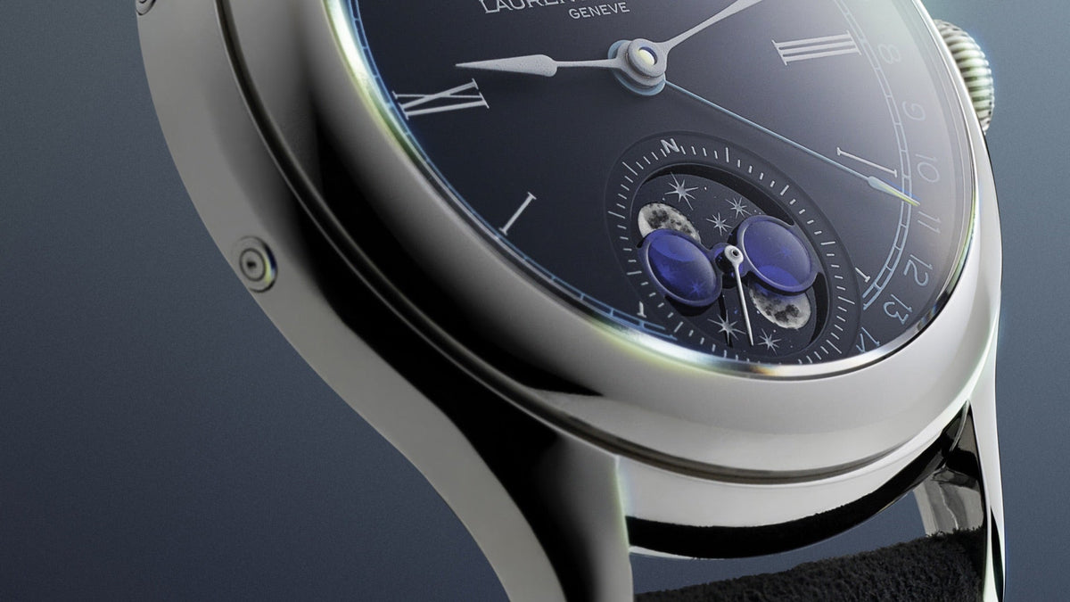LAURENT FERRIER Classic Moon Blue, angled view of the moon phase and annual calendar dial