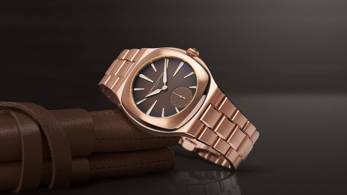 LAURENT FERRIER Grand Sport Tourbillon Golden Brown in red gold with chocolate gradient dial, resting on brown leather