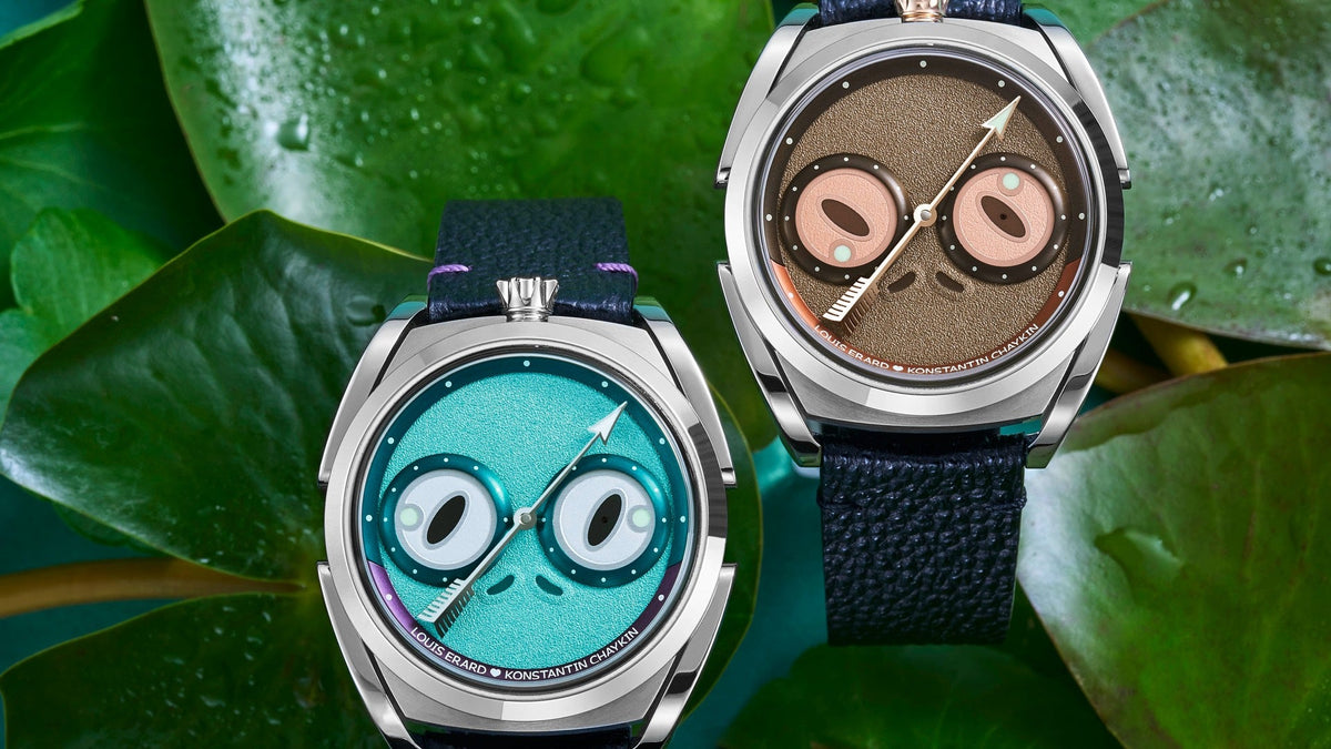 Louis Erard x Konstantin Chaykin Unfrogettable in Turquoise and Brown, side by side on lily pads