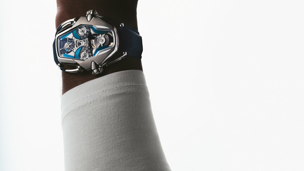 MB&F HM12 The Guardian, Blue edition, worn on the wrist