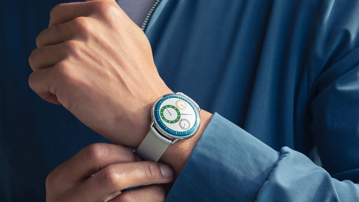 Ressence TYPE 1° M worn on the wrist, with a close view of the multicolour dial