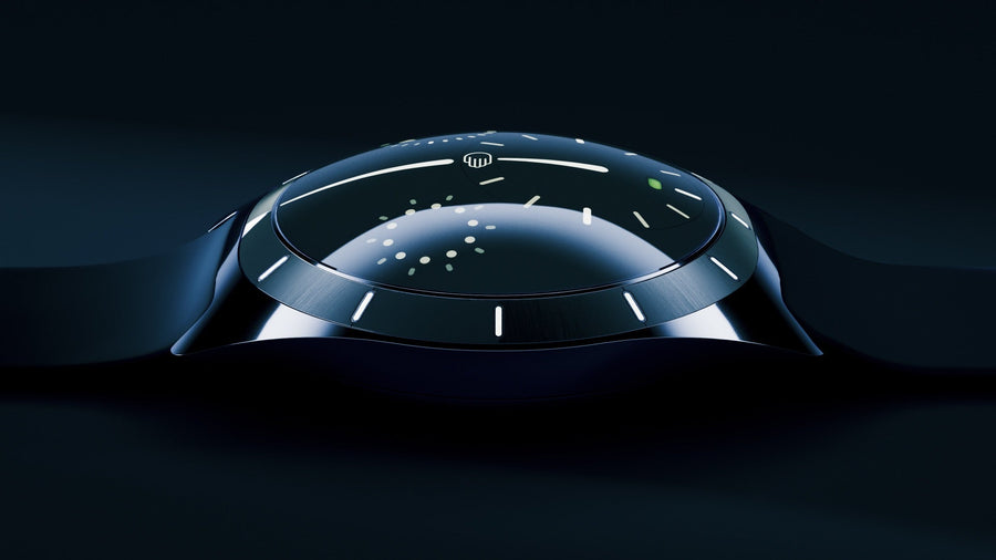 Ressence TYPE 10 DN seen from the side, its domed crystal and luminous indications against a dark background