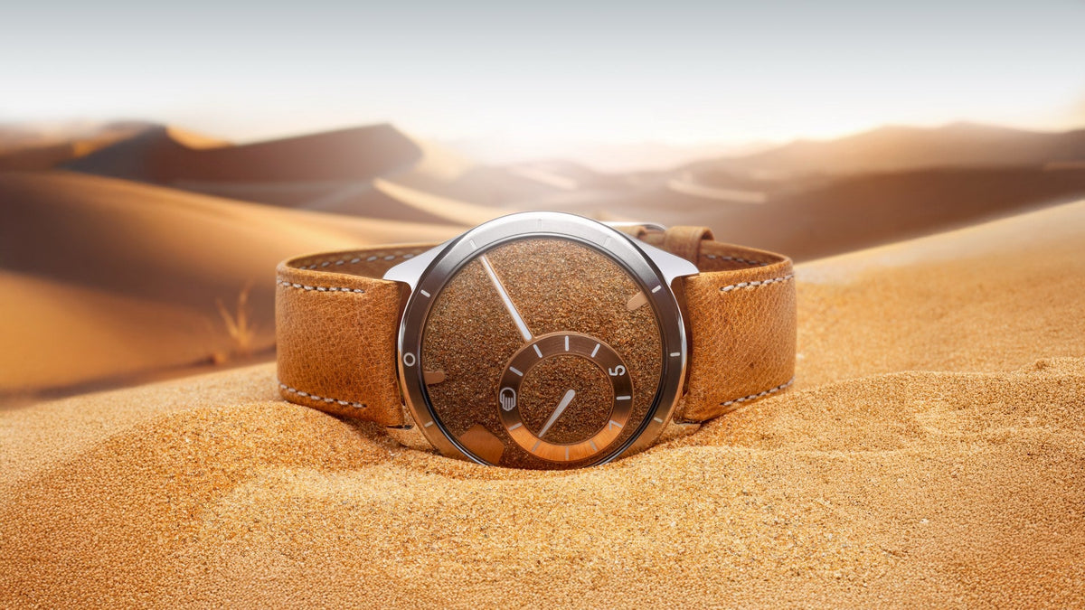 Ressence TYPE 9 S75 in the desert dunes, sand-bonded titanium dial and camel leather strap