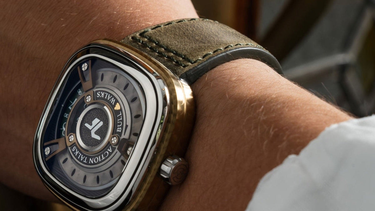SEVENFRIDAY M2/05 worn on the wrist, close view of the rotating dial disc