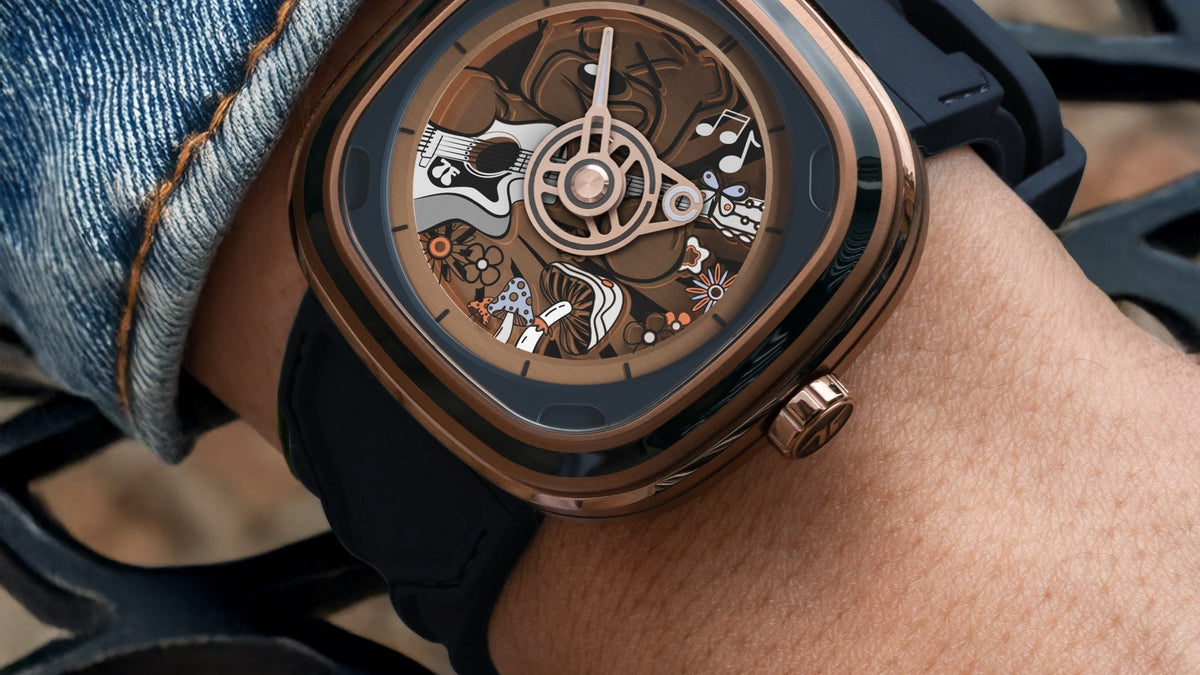 SEVENFRIDAY T2/08 “T-Riley Music” worn on the wrist under a denim sleeve, close view of the Riley dial