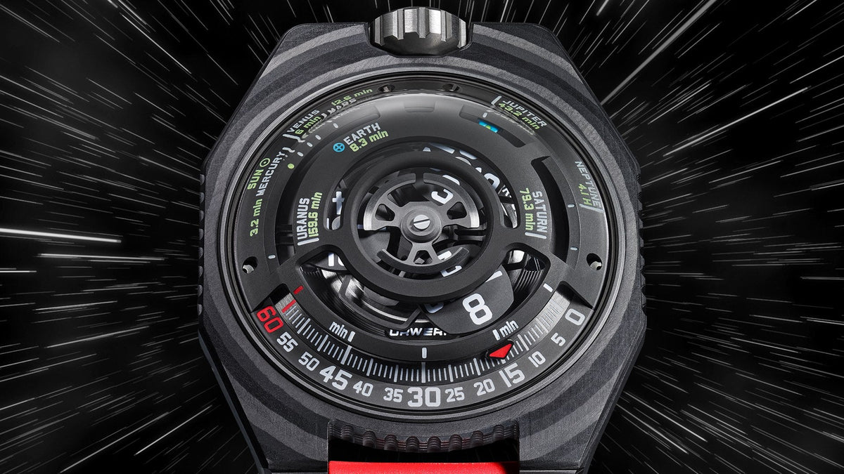 URWERK UR-100V LightSpeed against a streaking starfield, dial with satellite hours and planetary display