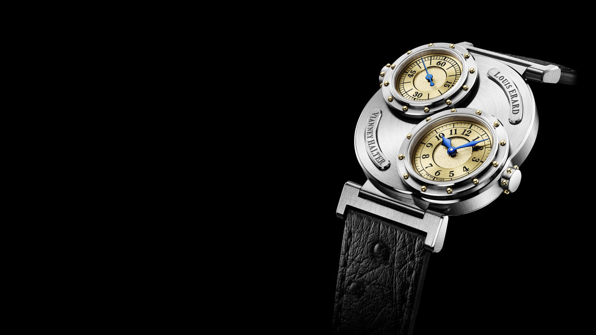 Louis Erard × Vianney Halter Futur Antérieur Gold: two riveted porthole dials in a steel case, on black ostrich leather